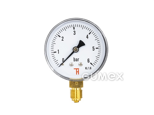 Manometer štandardný so spodným vývodom, priemer 63mm, vonkajší závit G 1/4", 0-6bar, trieda presnosti 1,6%, priezor akryl, púzdro oceľ, -40°C/+60°C